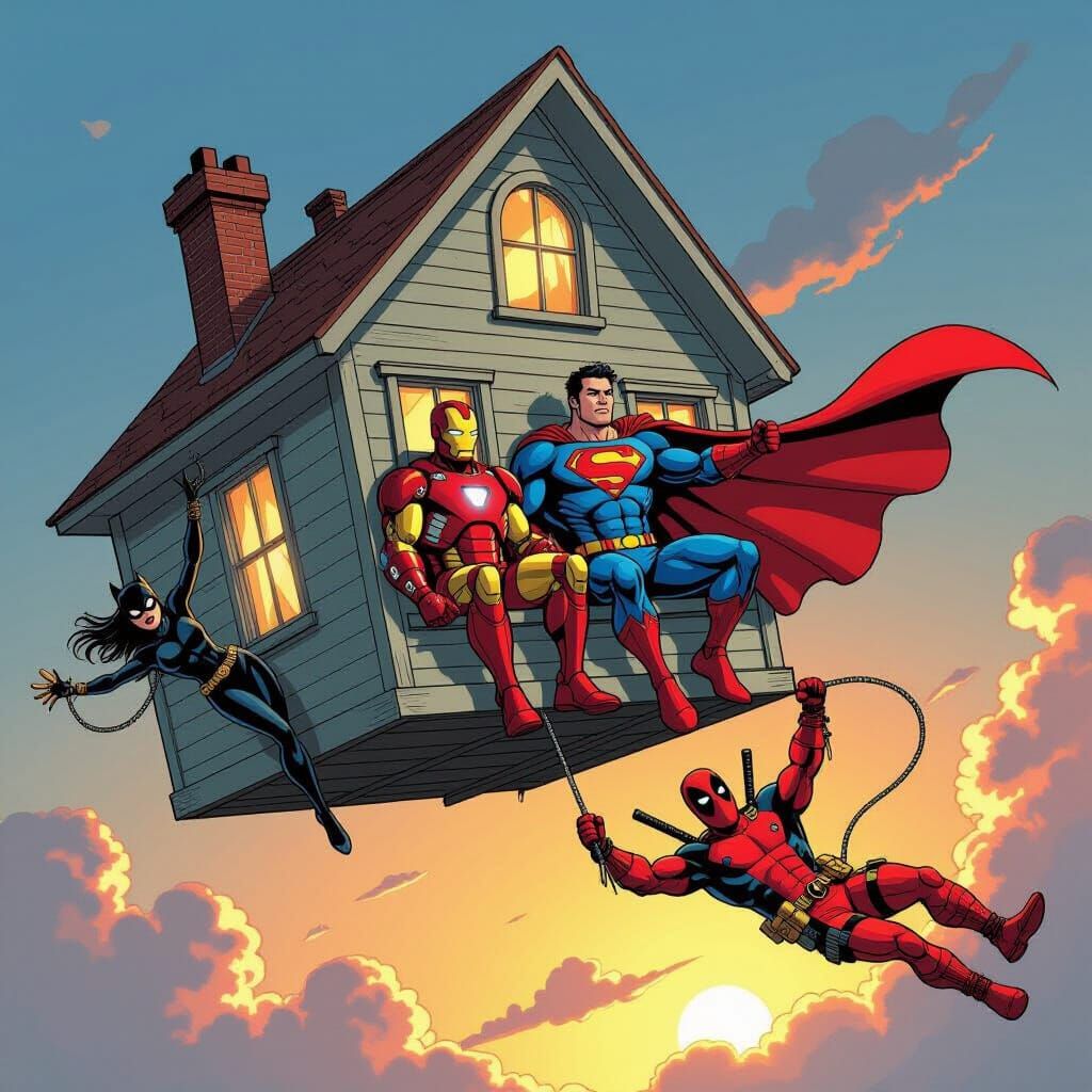Flying House With Superheroes, Comic Book Art