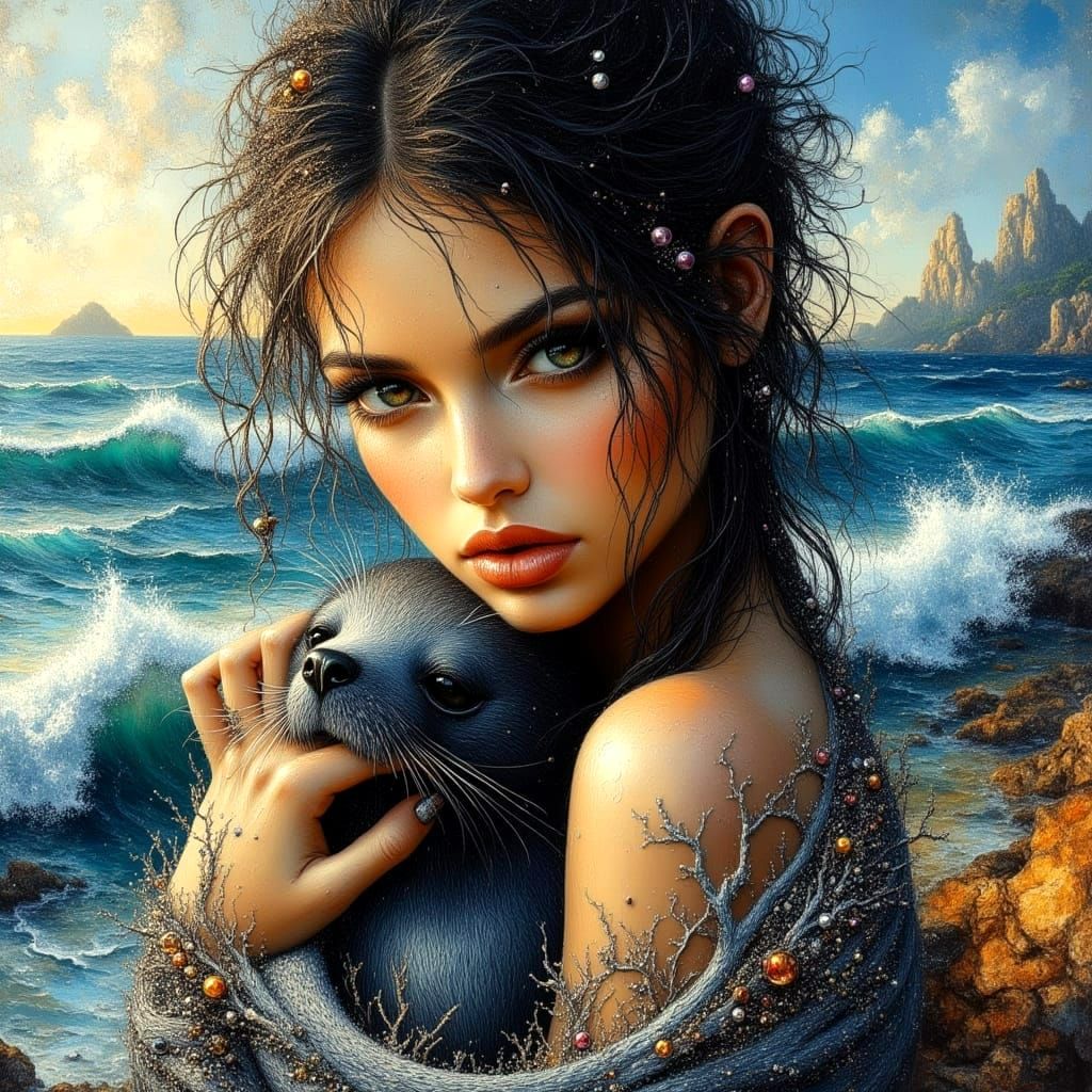 Woman and Seal in Stormy Seas as Impasto Painting