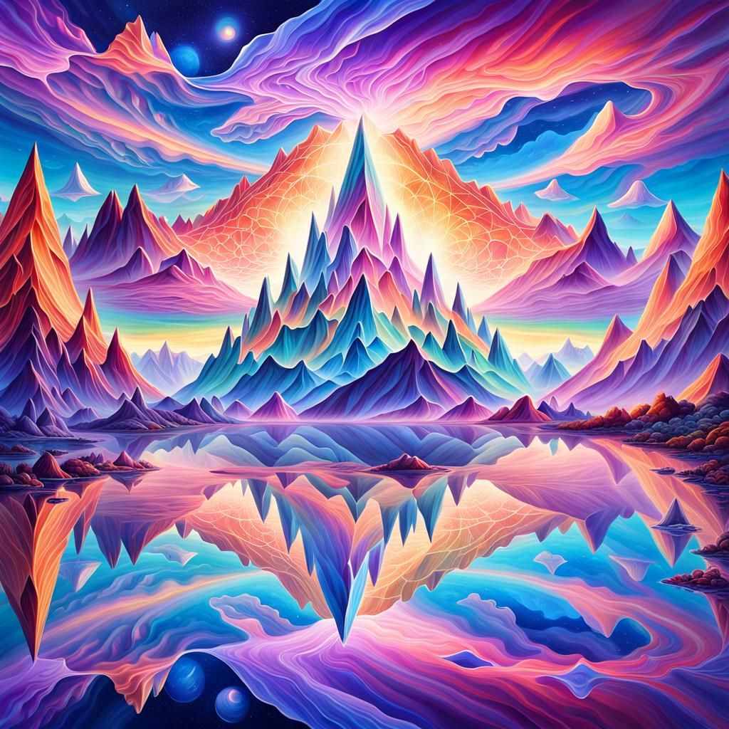 Crystal Mountains Reflecting Dawn in Surrealist Illustration