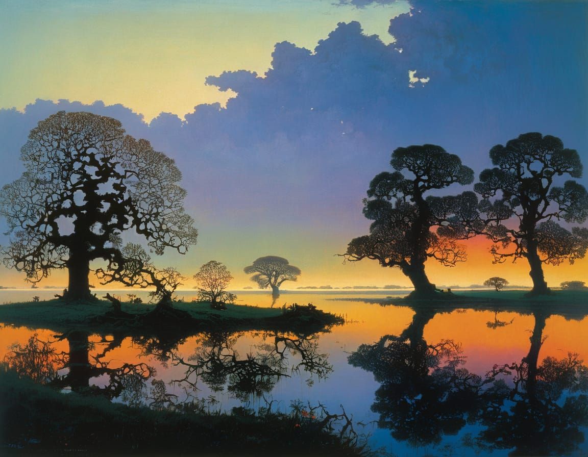 Mysterious Lake Landscape at Dusk with Ancient Oak Trees