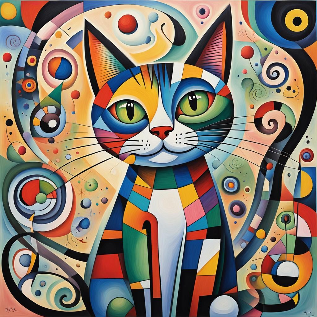 Colorful Cubist Cat in Style of Joan Miro