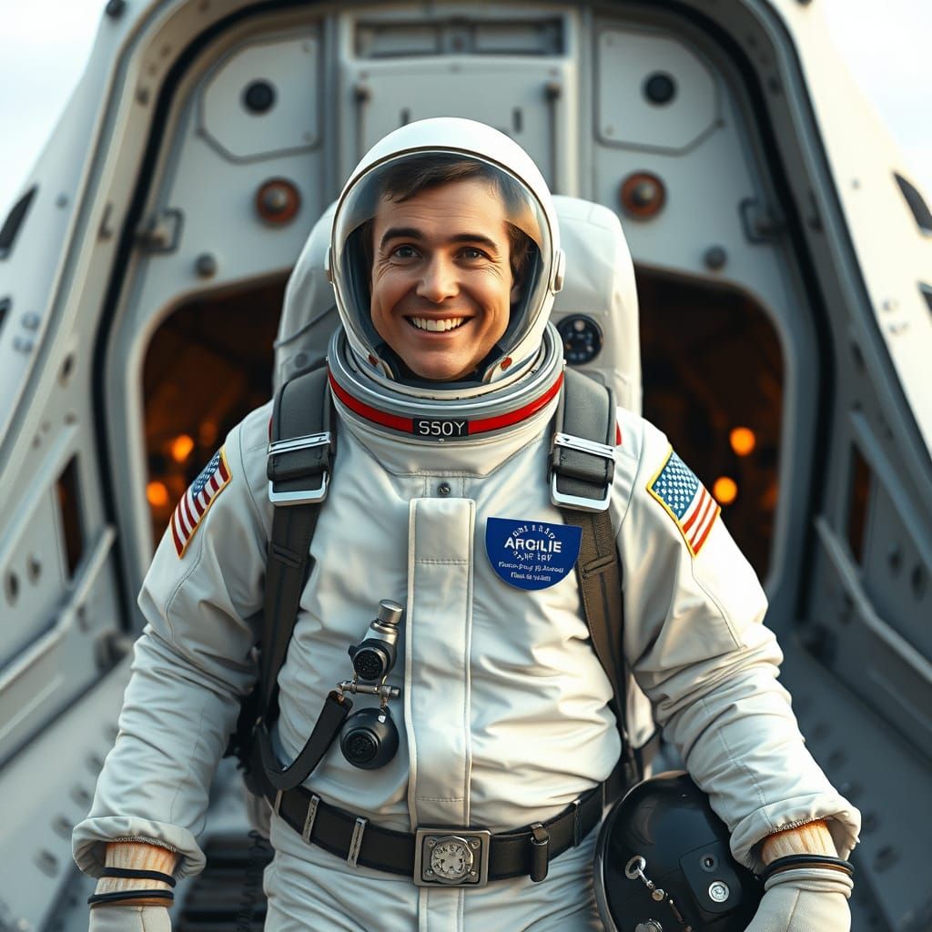 Astronaut in 1960s Attire Approaching Spaceship