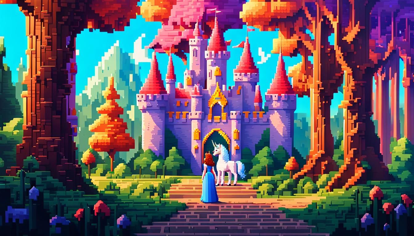 Pixel Art Princess and Unicorn at Castle