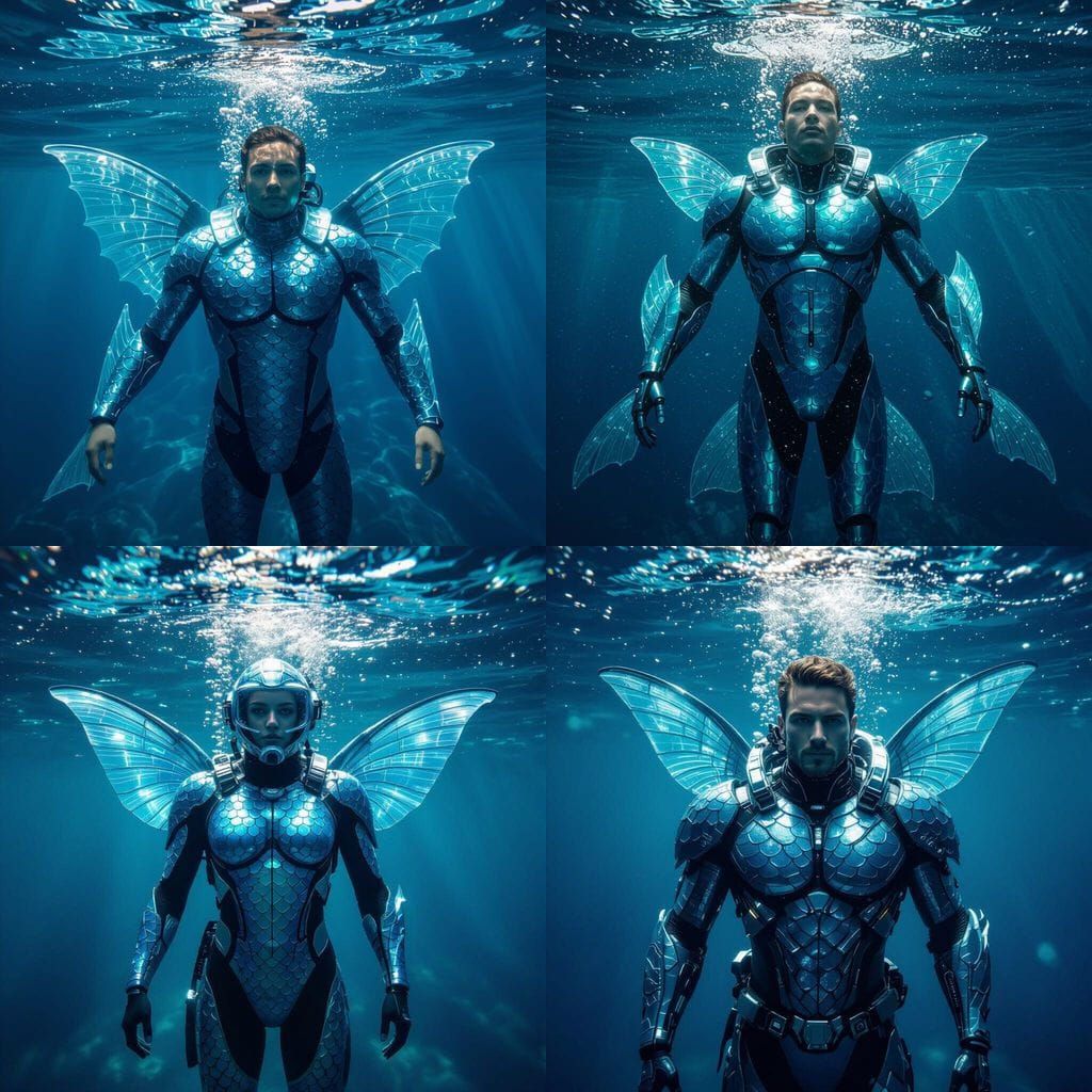 Futuristic Merperson in Bioluminescent Suit, Underwater