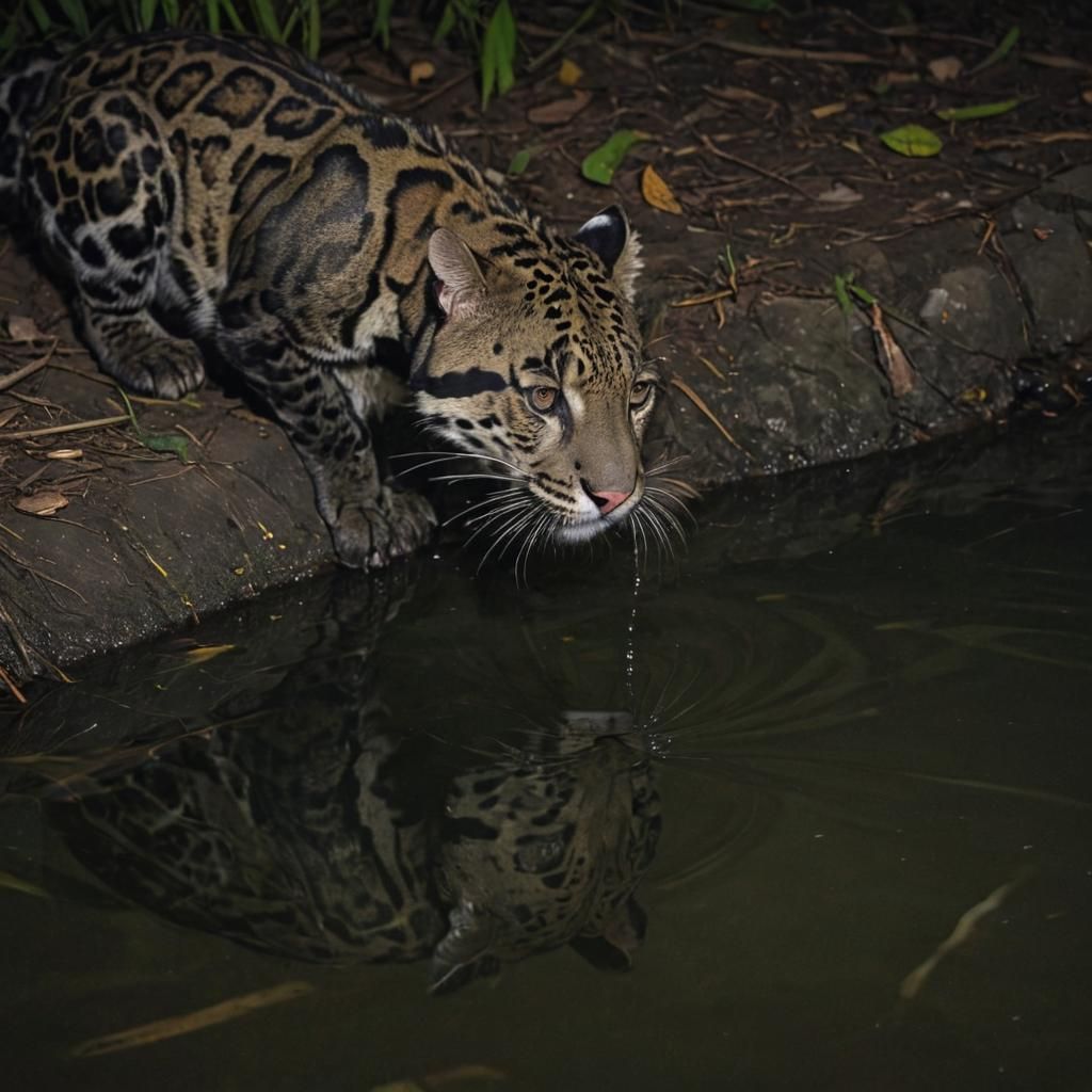 Clouded Leopard at Night, Moonlit Reflection