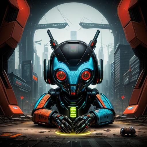 Robot Sits in Post-Apocalyptic Cyberpunk City