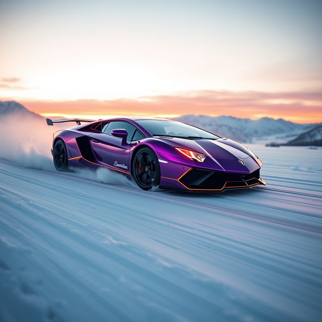 neon purple with gold neon lines Lamborghini drifting on an ice rood in the snow in the cold mountains at sun set