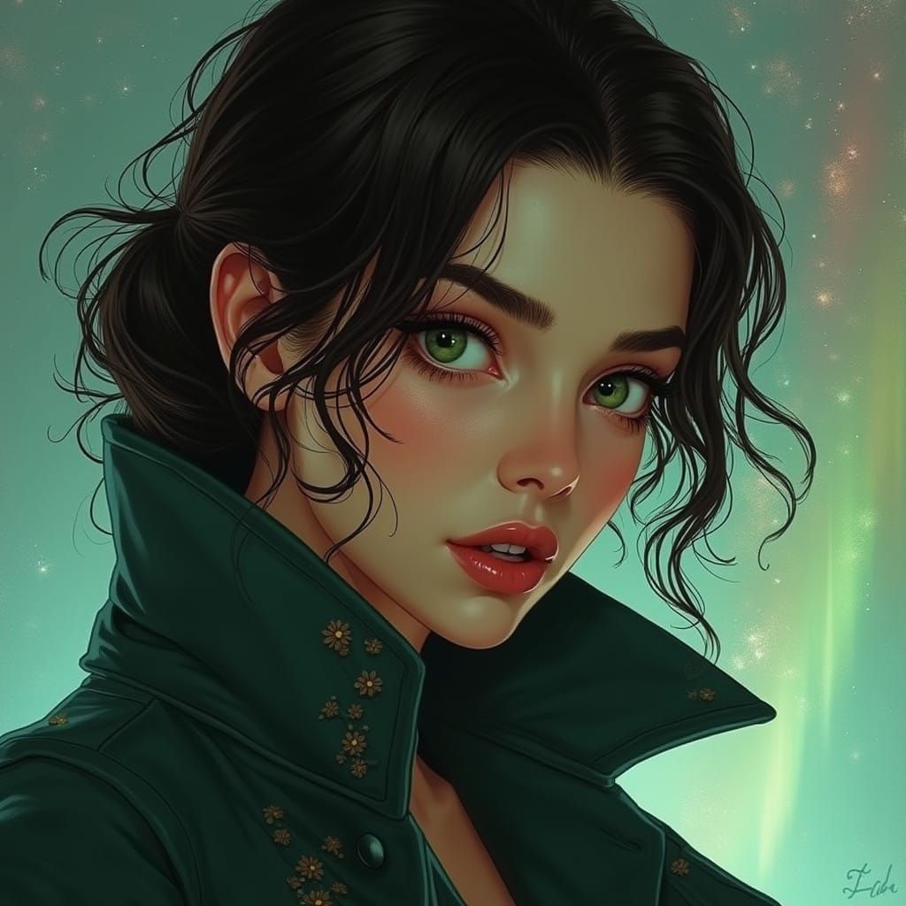 Elegant Brunette Woman with Feline Green Eyes in Hyperrealis...