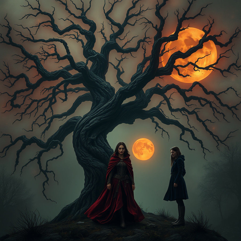 Macabre Pear Tree with Crimson Cloak Figure