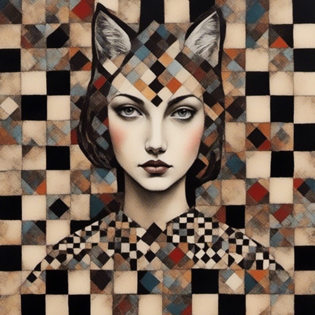 Abstract Collage of Chessboard, Woman, and Wolf
