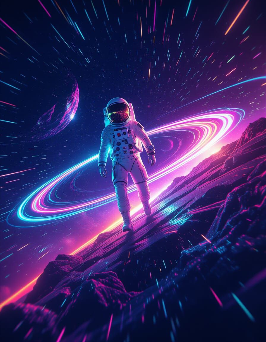 Astronaut of Lasers and Light on Glowing Meteor in Deep Spac...