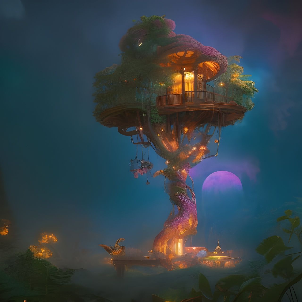 Fantastical Treehouse Photoillustration with Neon and Glitch...