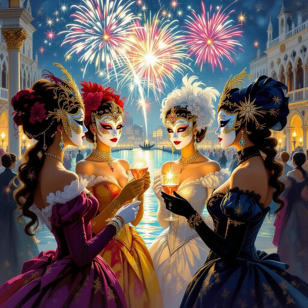 Women in Venetian Masks at Mystical Festival