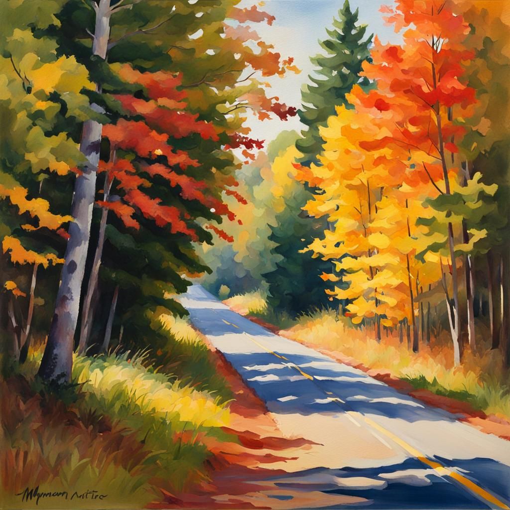 New Hampshire Autumn Road in Gouache Style