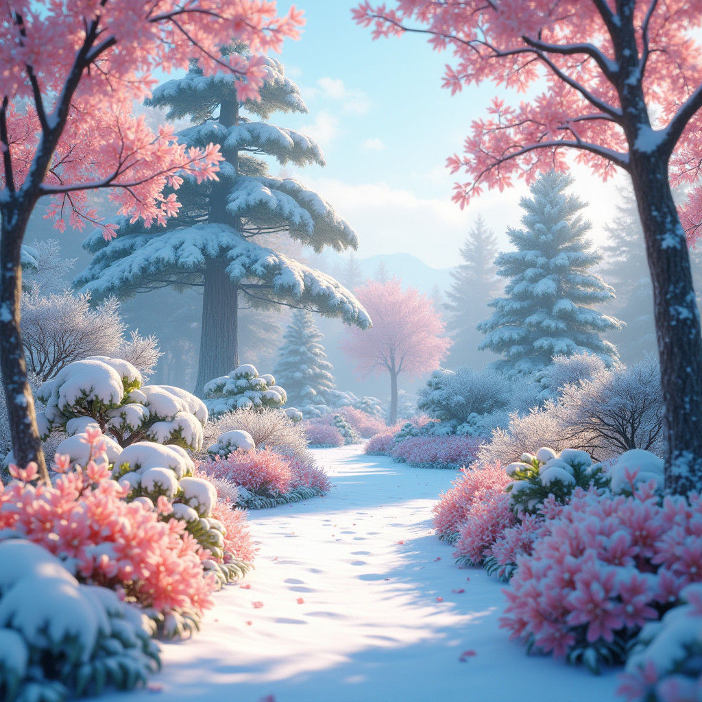 Tranquil Winter Garden in 3D Anime Style