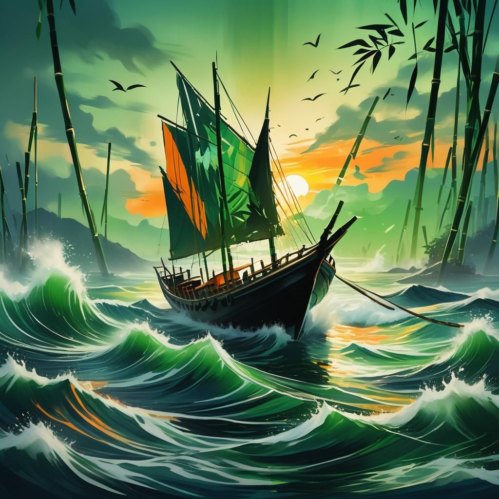 Bamboo Boat on Wavy Sea in Matte Painting Style