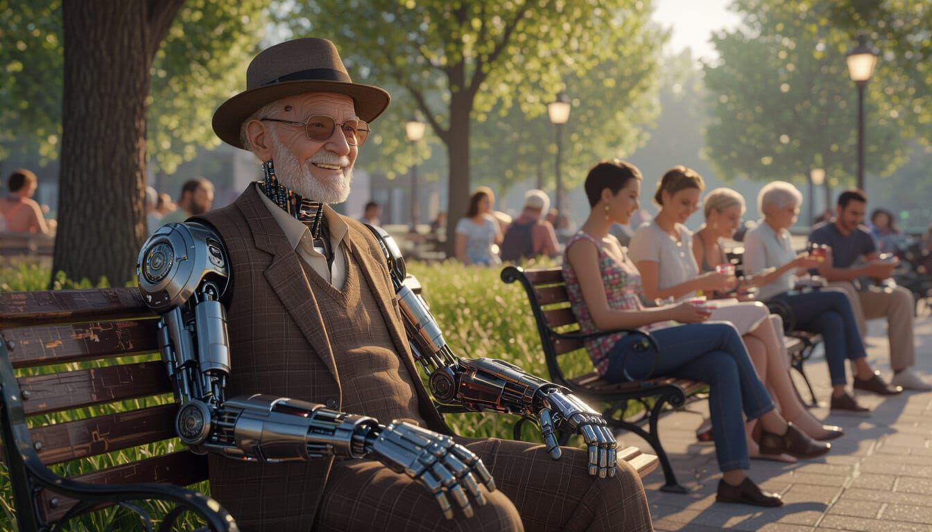 Cybernetic Elder Observes Futuristic Park Scene