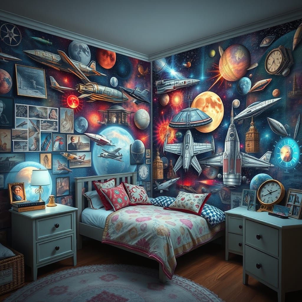 Child's bedroom wall covered with space adventures