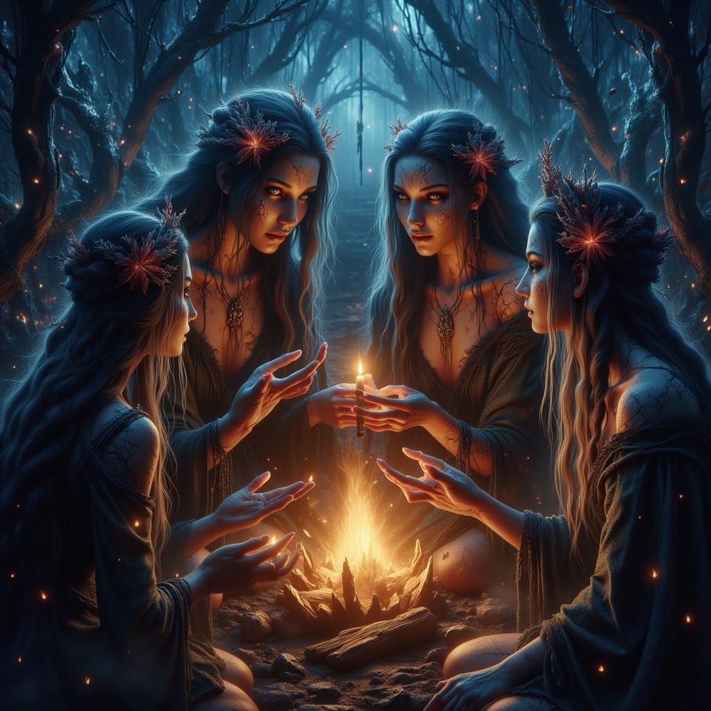 Witches Circle Bonfire Summer Evening Fairytale Illustration