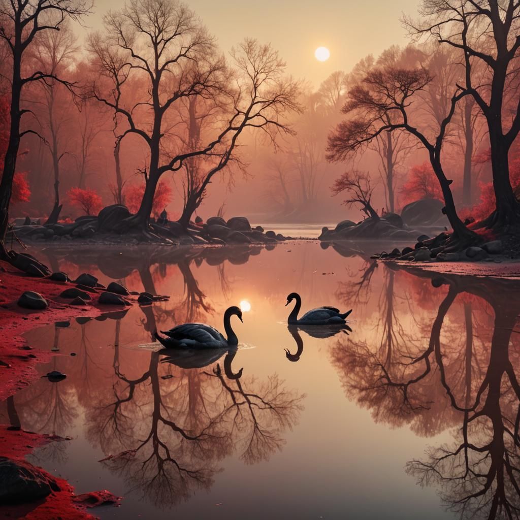 Surreal Black Swan Reflects Sun on Crimson Lake