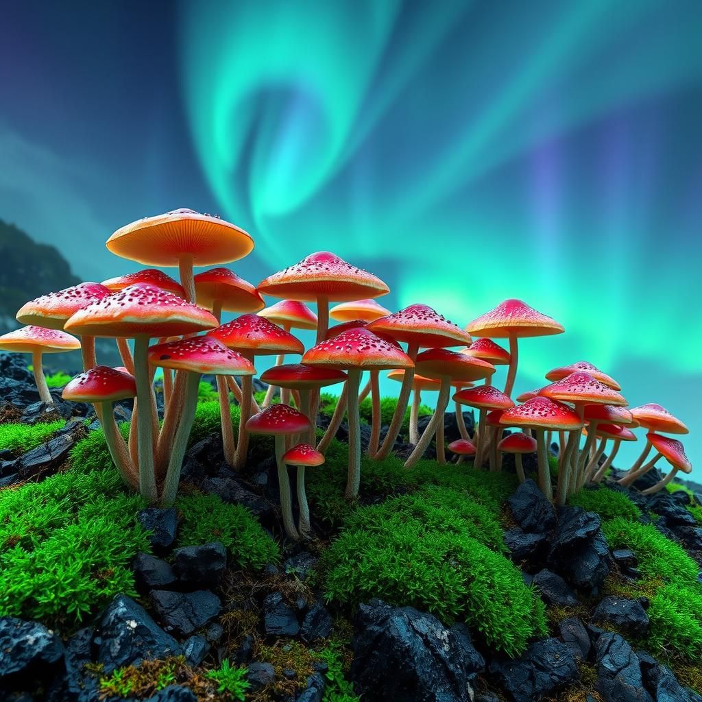 Magic Mushrooms Aurora Borealis in Hyperrealistic Detail