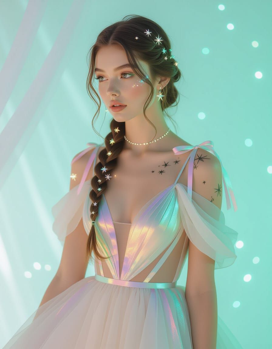 Mystical Woman with Braids and Glowing Charms in Neon Light