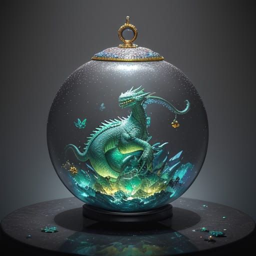 Mystical Dragon Amidst Glowing Jewelry in an Ornate Glass Bo...