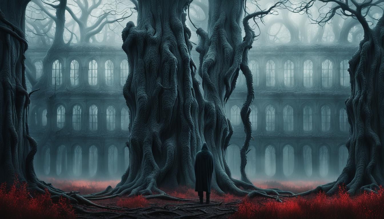 Eerie Hooded Figure in Dark Fantasy Forest