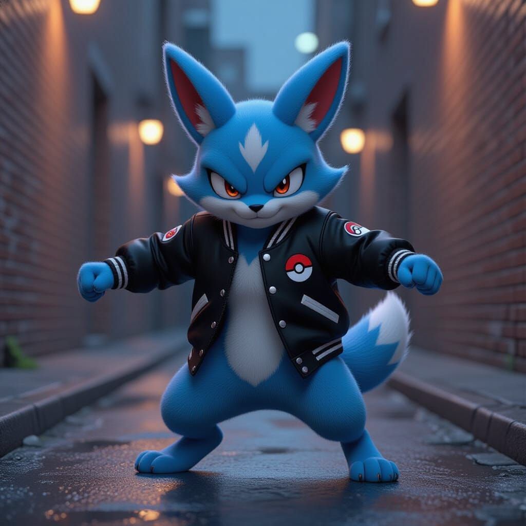Angry Pokemon Riolu in Varsity Jacket at Night