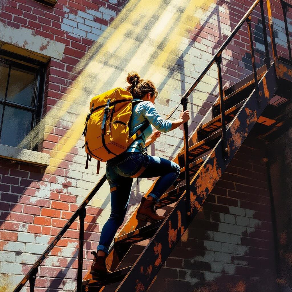 Woman Climbs Rusted Fire Escape in Urban Realism Style