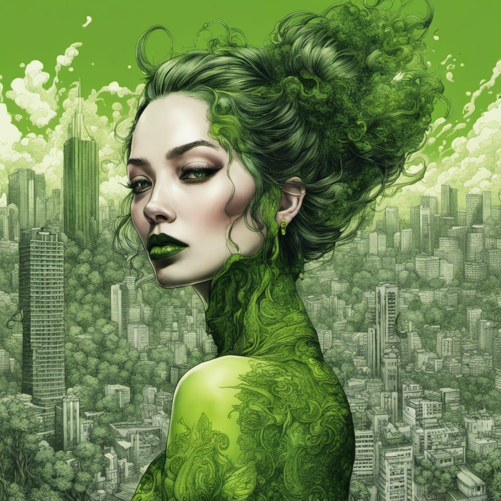 Beautiful Woman with Green Eyes in Shin Hanga Style