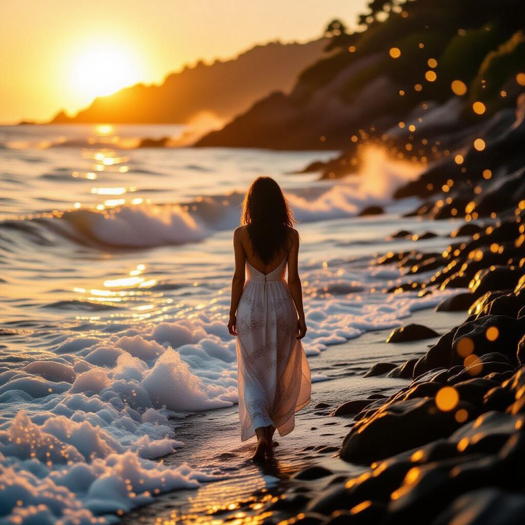 Golden Hour: Woman and Glass Waves in Dreamy Light