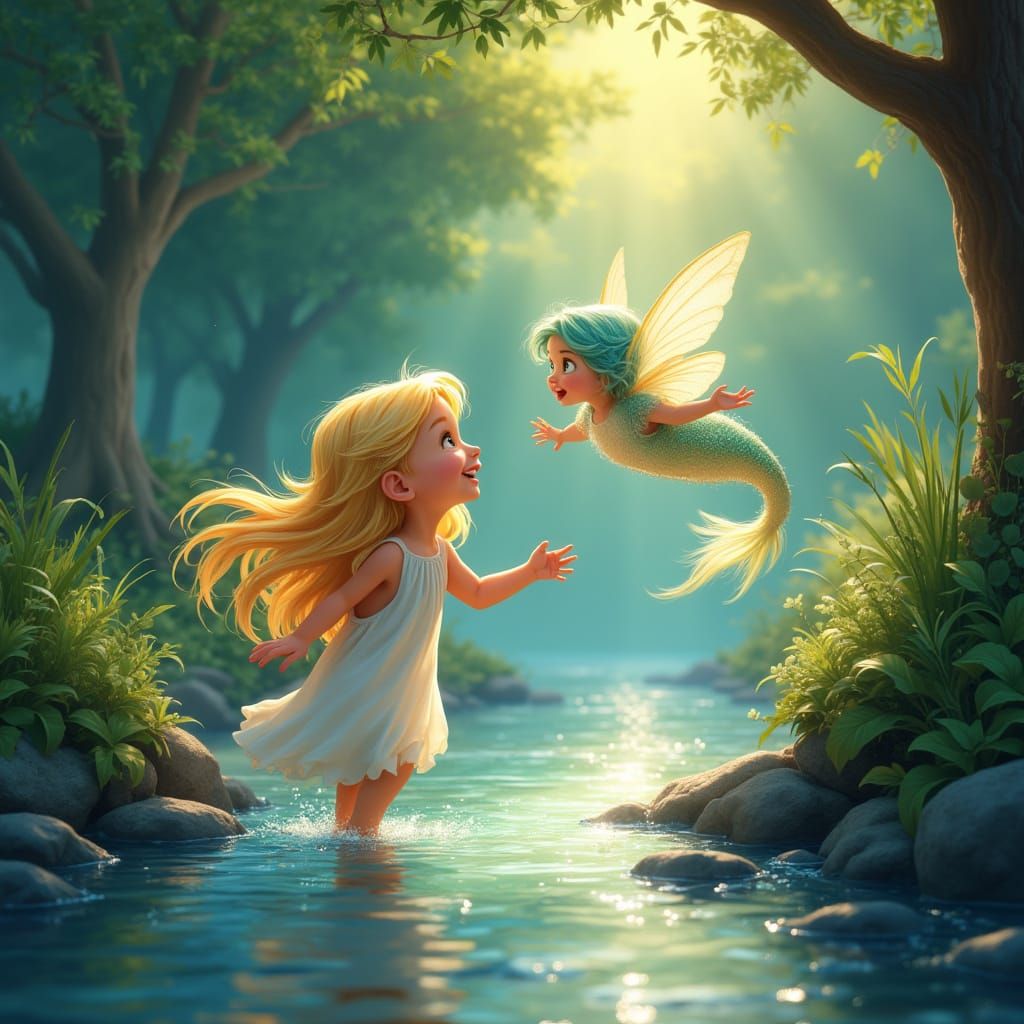 Child and Water Nymph in Enchanting Forest Clearing - Disney...