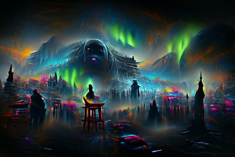 Neon Northern Lights Mandala in Cyberpunk Style