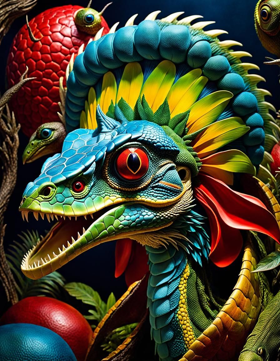 Surreal Reptilian Bird Brain Dreamer in Mixed Media