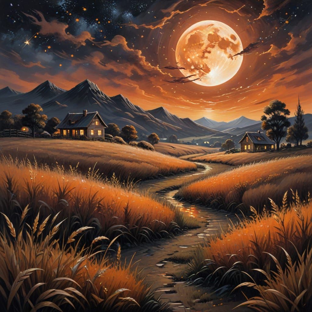 Whimsical Dark Orange Landscape with Cratered Moon