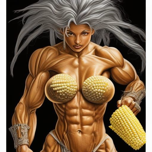 Fantasy Bodybuilder Shucking Corn in Ecstasy