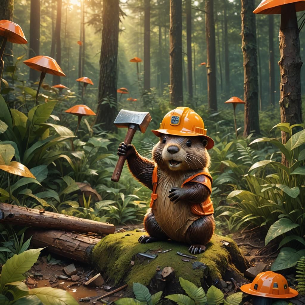 Beaver Builder in Lush Forest: Hyper-Realistic Digital Art