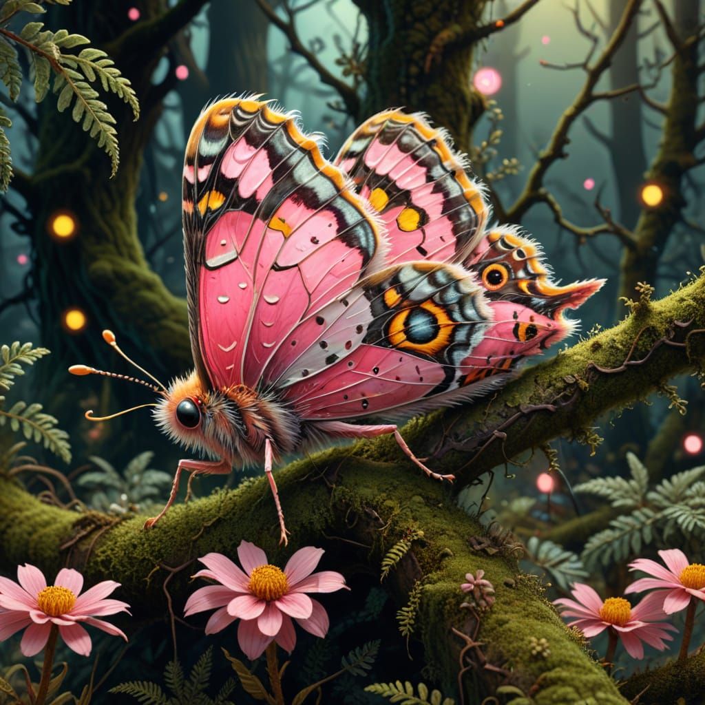Polka Dot Moth on Mossy Branch in Digital Art