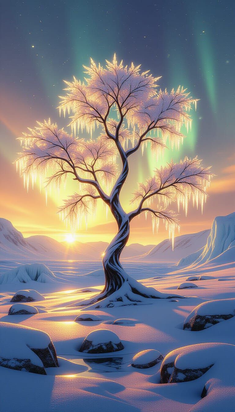 Colossal Ice Tree in Aurora Landscape
