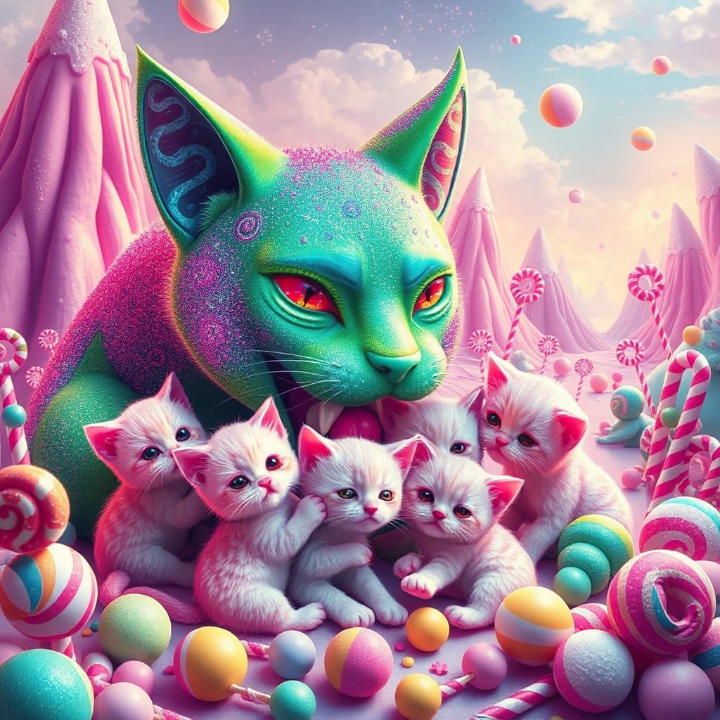Candy Coated Feline Feast in Dreamlike Candyland