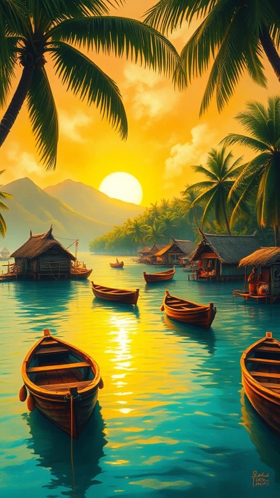 Tropical Fishing Village at Dawn in Primitivism Style