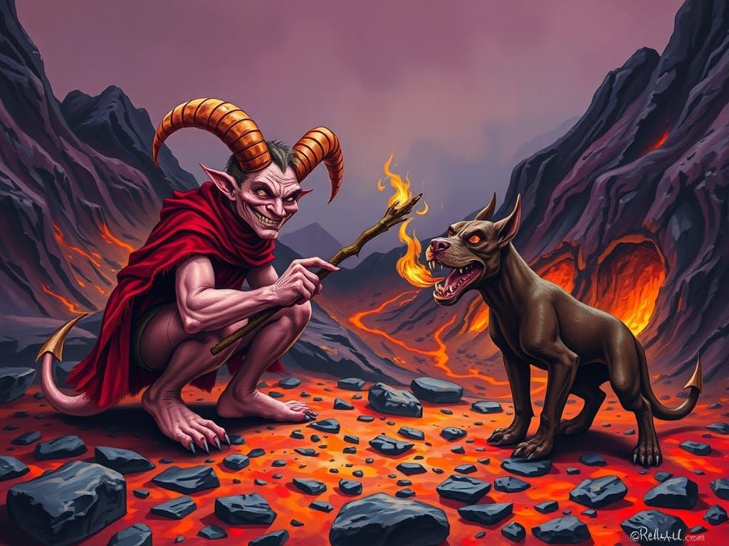 Surreal Demon Prepares to Toss Stick for Fiery Hellhound in...