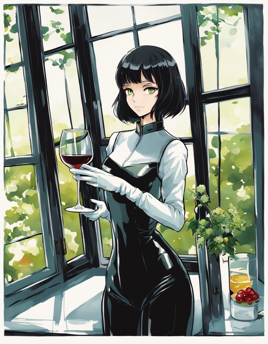 Anime Woman with Wine in Latex Suit