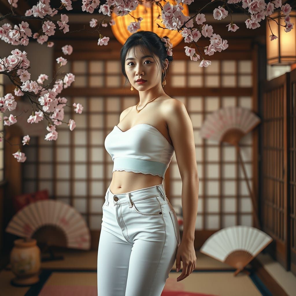 Japanese Woman in Traditional Setting, Golden Hour Light