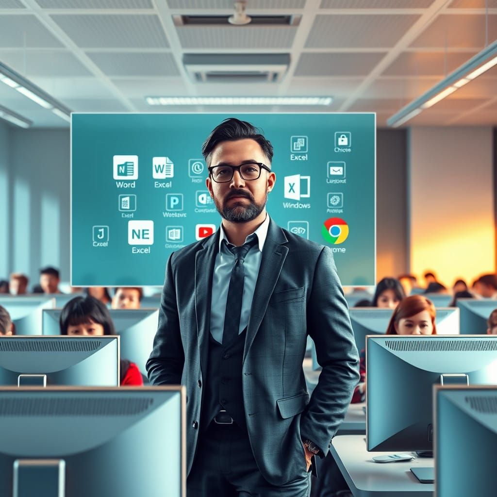 Modern Computer Lab Classroom with Futuristic Teacher and St...