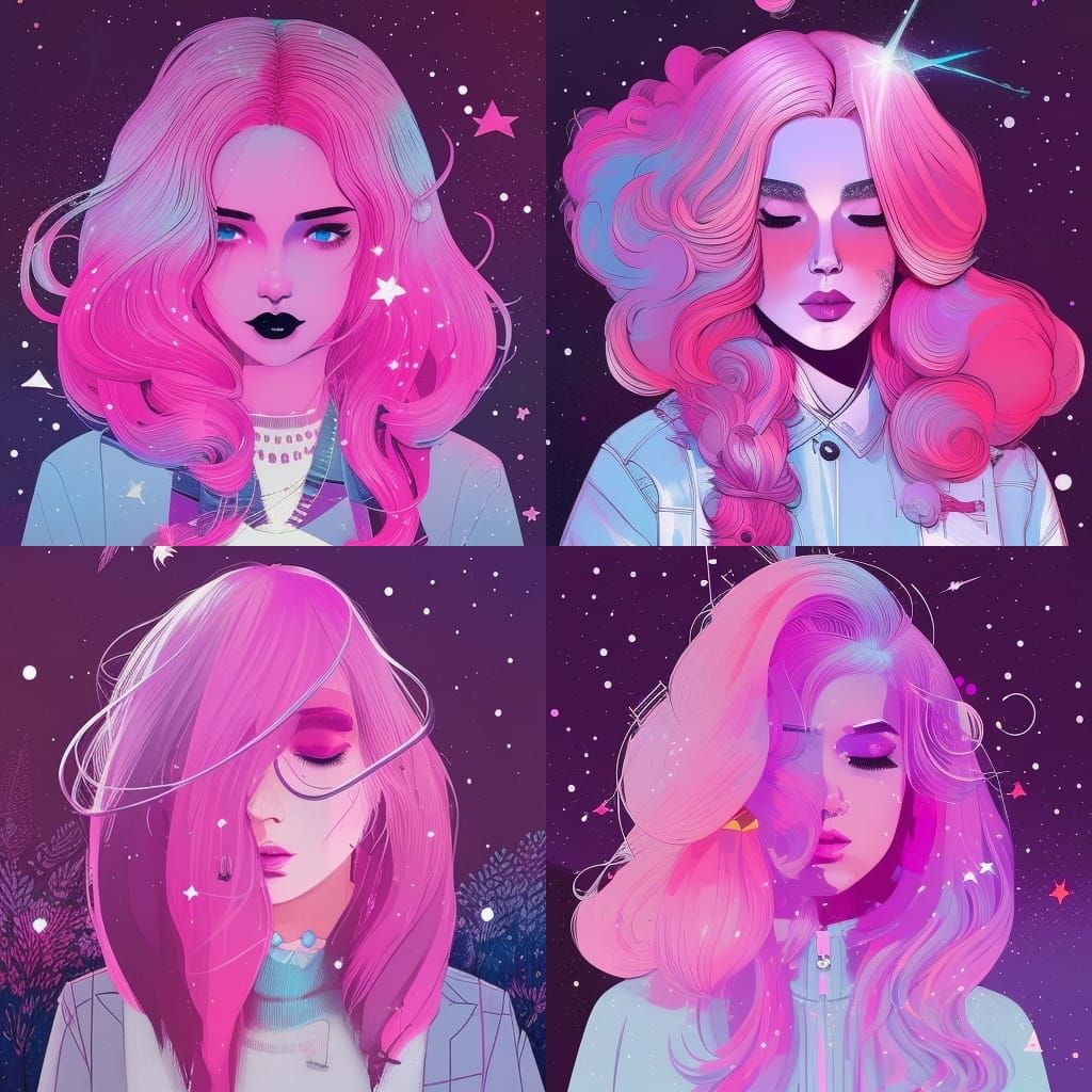 Pink Haired Girl in Starry Sky Illustration