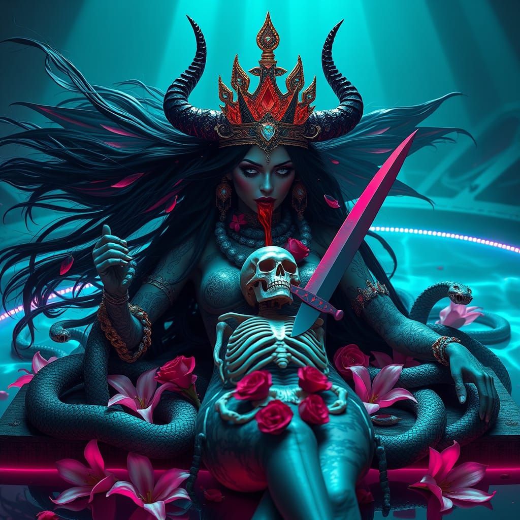 Surreal Goddess with Flaming Crown and Teal Snakes