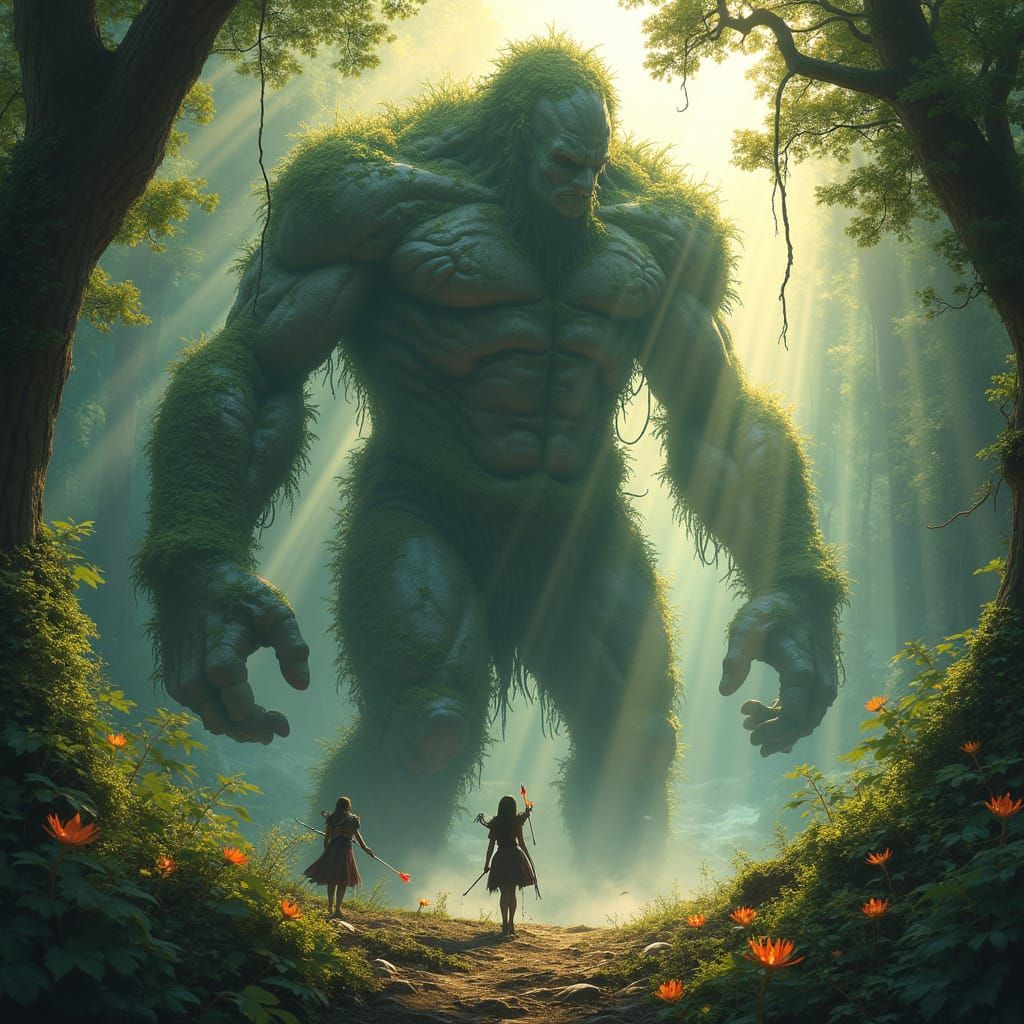 Colossal Moss Titan Awakens in Enchanted Forest Clearing