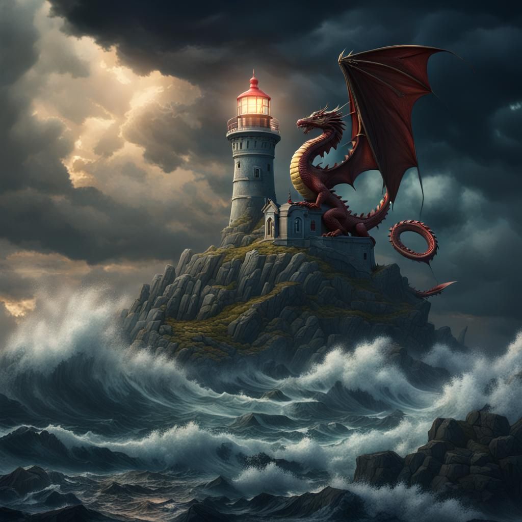 Dragon Guarding Lighthouse: Fantasy Concept Art